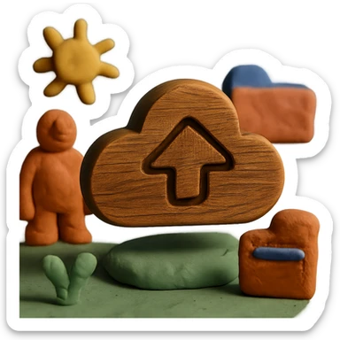 Make the cloud storage icon look more like it is carved from wood, with a natural wood finish, carved contours, and brown coloring, in a claymation style. sticker