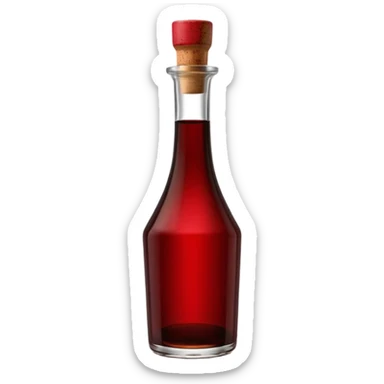 balsamic vinegar bottle, elegant glass, dark brown to ruby, round or square base, slender neck, cork or metallic cap, dark glass, reflections, 3D clean style, transparent background, optimized for emoji size sticker