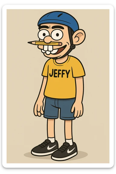 cartoonish 20-year-old boy, blue helmet, pencil on nose, bunny teeth, yellow shirt with 'JEFFY' text, black Nike shoes, black eyebrows, fun and quirky look sticker