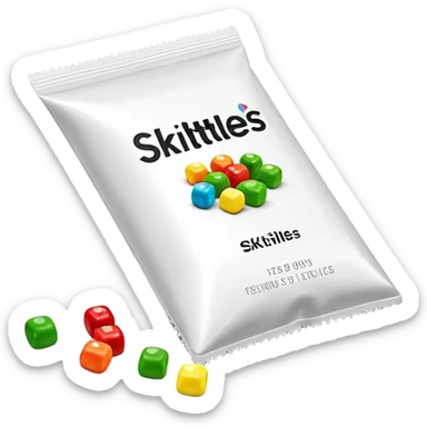 Geometric minimalist Skittles package, just a rainbow colored square with a small spill of green round candies. Ultra clean design. sticker