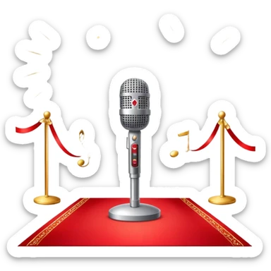 Create a glamorous and vibrant emoji that represents pop vocal performance. The emoji should feature a vintage stage microphone on a red carpet, with a spotlight shining on it. The stage should be empty but illuminated with concert lights, creating an atmosphere of excitement. Add elements like a festive firework display and a sparkling costume with rhinestones. Surround the scene with a ribbon made of musical notes to symbolize the connection to music. Use bright colors like gold, red, and silver, with a touch of sparkle to convey the glamour and energy of pop vocal performance. The background should be transparent. sticker