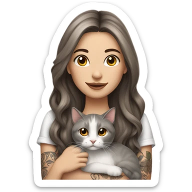 Beautiful brown haired tattooed woman holding gray and white long hair cat sticker