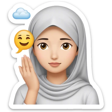 a white young asian Muslim woman are thinking something. Her eyes rolling to up right. Her hand touching face. There's emoji cloud to describe what she thinking about. sticker