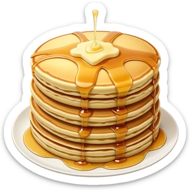Cinematic fluffy golden pancakes, stacked high, drizzled with maple syrup, topped with fresh butter melting on top, light dusting of powdered sugar, warm and inviting, soft glow and mouthwatering. sticker