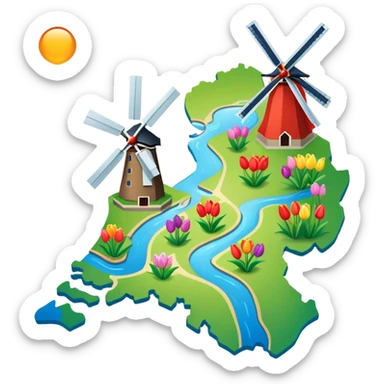 Map of the Netherlands showing canals, tulips, and windmills sticker