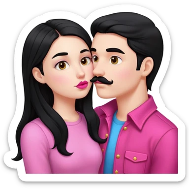 White boy with black mustache kissing white girl with long black hair in pink clothes sticker