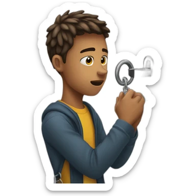 young man struggling to get a key into a lock sticker