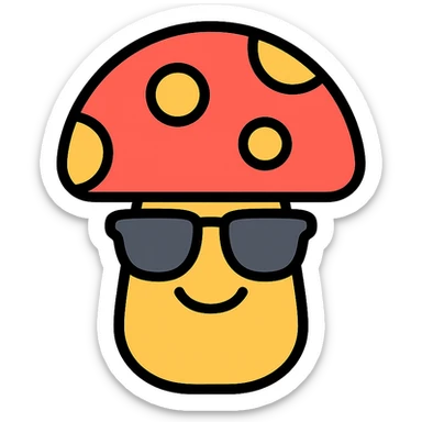 colorful icon of a mushroom with sunglasses and a smile sticker