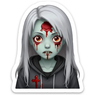 zombie girl with blood and grey long hair with a black hoodie on sticker