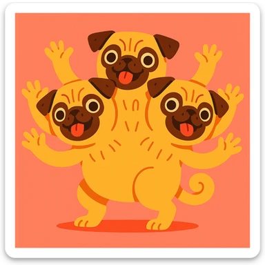 playful and imaginative three-headed pug, each head with three arms emerging, and a small divot in each ear sticker