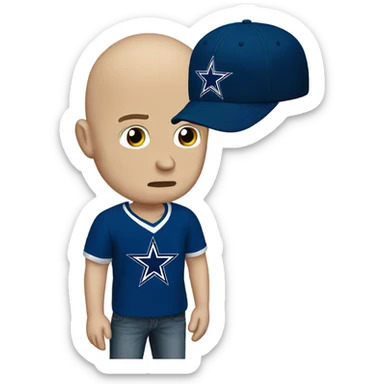 Bald white male holding dark blue Dallas Cowboys hat. He’s crying because he’s ashamed of being bald  sticker
