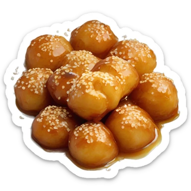 Greek loukoumades in a plate with honey drizzle and sesame seeds sticker