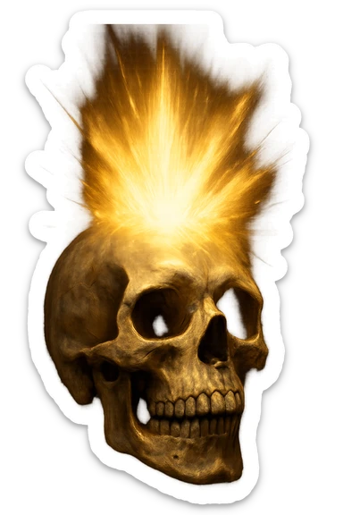 a realistic skull with a burst of energy or light coming from the top, intense, no background sticker