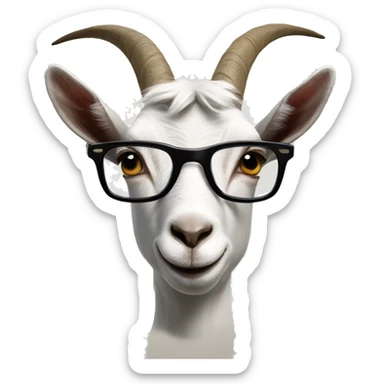 a goat with glasses superimposed on its face. The goat's expression is straight and the glasses give it a human-like appearance. sticker