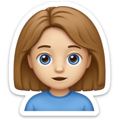 emoji estilo iOS de bebê com cabelo castanho, olhos claros, expressão neutra, usando macacão azul, fundo simples sticker