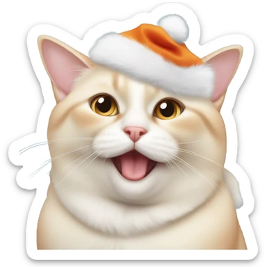 chubby fat, flame point Siamese, with white fur with orange accents and blue eyes, smiling, wearing a red christmas hat  sticker