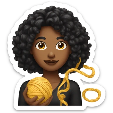 woman with long black curly hair holding one ball of yarn wearing a black shirt sticker