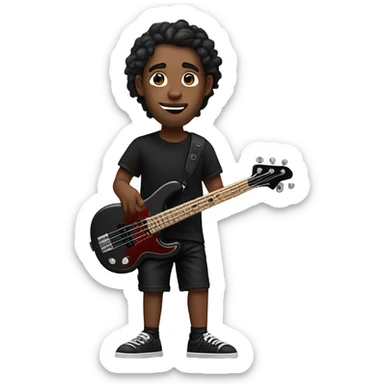 26 year old guy playing a 5 string rose gold color bass guitar, wearing a black shirt and black shorts with brands: Revere, Misery sticker