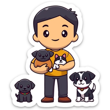 Mexican man with black hair and brown eyes wearing a shirt and black pants, holding a small white dog with one brown ear sticker