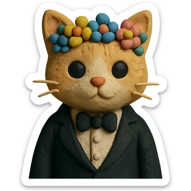 A kitten dressed in a tuxedo and wearing a flower crown sticker