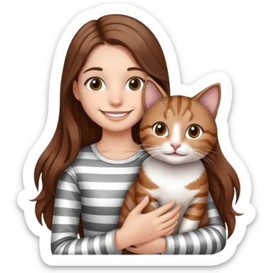 smiling girl with long hair holding a cat with silver stripes sticker