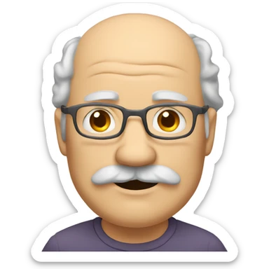 Short pudgy old man over enthusiastic face bald forehead long wavy gray and brown hair moustache  sticker