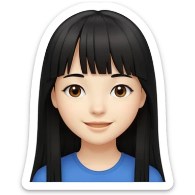Girl with fair skintone, long straight black hair with bangs, and dark brown eyes, smiling, sticker