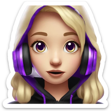 Russian cute blond girl wearing black hoody with violet letters "OMG", in vr headset. Cyberpunk style. Violet neon. sticker