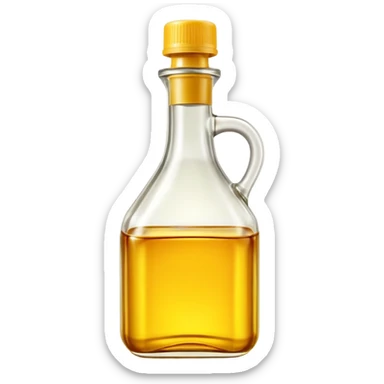 frying oil bottle, clear transparent, golden yellow liquid, simple clean design, curved or rectangular, visible green or yellow cap, no branding, no label, fluid glossy oil, warm amber tint, no pan food or extra, no faces, clean 3D, soft shadows, transparent background, emoji scale sticker