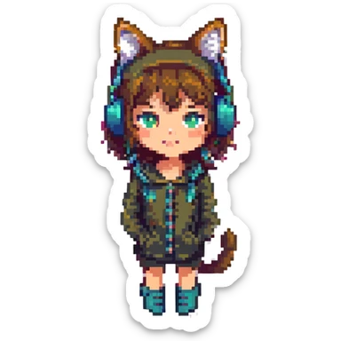 Change the girl to appear Caucasian and portray her as a night coder, with a nighttime background, keeping the pixel art style and cat headphones. Preserve transparent background if possible. sticker