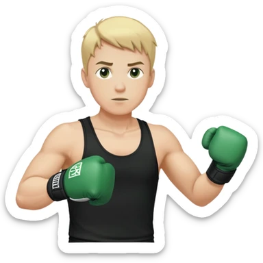 Blonde short hair boxer guy in black tank top holding hands in boxer stance. Wearing dark green boxer gloves sticker