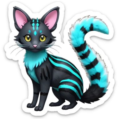  cute adorable pitch-Black-coated fur with glowing bioluminescent random colorful neon-markings divine beautiful elegant pretty precious cute young youthful  Fakémon-Pokémon-alien-opossum-feline-serval-caracal-chinchilla-Minccino-hybrid-creature with a big fluffy bushy striped tail (full body) sticker