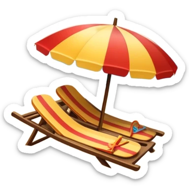 Icon for Beach Tourism: a sandy beach with a sun umbrella and flip-flops, with the ocean waves in the background. The icon should capture the relaxation and fun of a beach vacation. Transparent background sticker