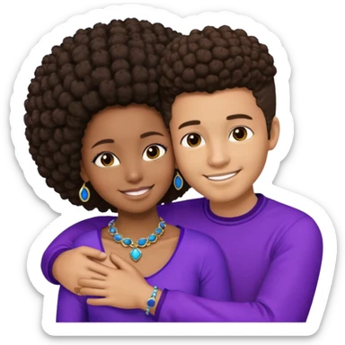 Tan male with short brown hair, smiling and hugging, black African girl with Afro in purple clothes with blue jewelry sticker