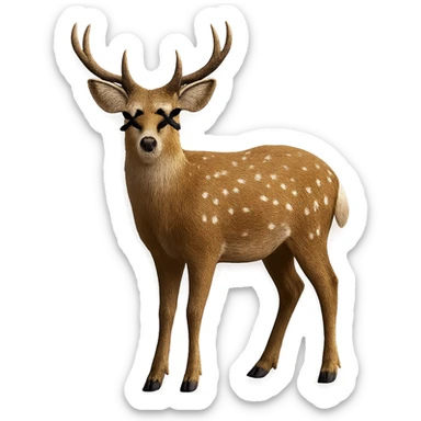 Overlay cartoon X's on the eyes in the exact same style and position as the deer image, referencing the deer for the X style. Keep everything else 100% identical—pose, style, lighting, and details. Make the background transparent. sticker