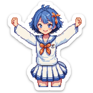 Pixel art energetic anime girl with short blue hair wearing Japanese sailor style school uniform, striking a victory pose, very cheerful sticker