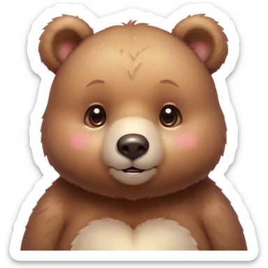 Cinematic cute soft bear, chubby round face, tiny ears, warm fuzzy fur, blushing cheeks, sparkling kind eyes, soft glowing background, heartwarming and huggable. sticker