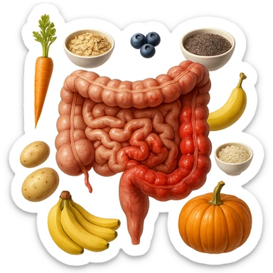 intestino umano anatomico infiammato con carota, bowl di avena, mirtilli, bowl di semi di chia, patate, banane, zucca, bowl di riso che gli fluttuano dietro, iperrealistico 4k sticker