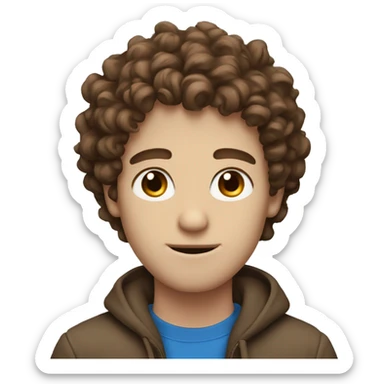 white guy with blue eyes and brown curly hair with a writing with @ sticker