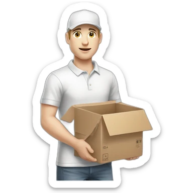 Pale skinned Man in a white cap and gray polo T-shirt with a box into his hands sticker