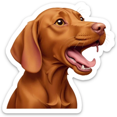 Cinematic Cute Yawning Vizsla Portrait Emoji, Head tilted slightly with a dramatic, wide-open yawn, showcasing a smooth rust and gold Fur with a subtle shimmer, floppy ears slightly drooping, round amber eyes barely open in drowsy contentment, Simplified yet irresistibly adorable features, highly detailed, glowing with a soft, cozy glow, high shine, relaxed yet expressive, stylized with a touch of whimsy, bright and endearing, soft glowing outline, capturing the essence of a sleepy yet affectionate companion, so drowsy it feels like it could stretch out of the screen and curl up for a nap! sticker