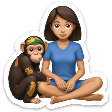 un chiomapnze sentado en el suelo al lado de una mujer sticker