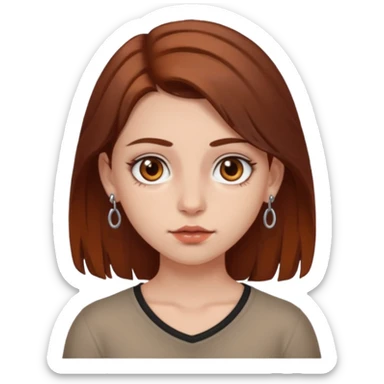 A girl with chest-length brown hair with a reddish tinge, with fair skin, brown eyes and a septum piercing sticker