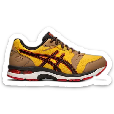 light brown asics gel nyc with small yellow and red accents sticker