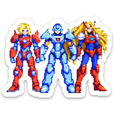 Megaman X in blue armor, Zero with long blonde hair and red armor, and Sigma with a scar, as friends posing together sticker