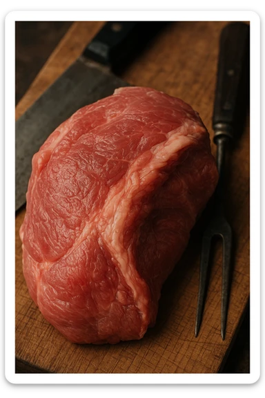 Macro fotografia di carne di maiale cruda, con dettagli che ricordano la consistenza e il colore della carne umana, posata su un tagliere di legno accanto a strumenti da cucina. Atmosfera realistica e leggermente inquietante. sticker