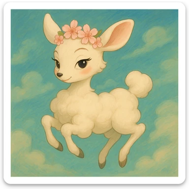Transform this feminine vanilla cloud doe with rosy cheeks and cherry flowers on its head, floating gracefully, into a dreamy, whimsical Ghibli-inspired style while keeping Pixar-inspired charm. Emphasize confidence, charm, and subtle allure, suitable for a social media brand mascot. Blend Ghibli and Pixar influences for brand identity, with a soft, elegant, and magical look. sticker