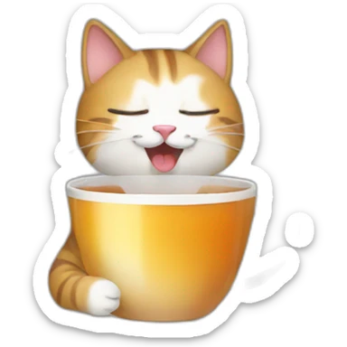a cat happy to drink a cup of tea  sticker