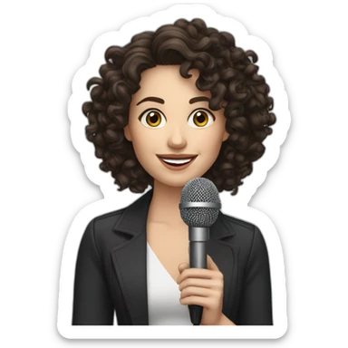podcast host brunette curly white woman with microphone sticker