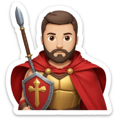 An emoji portrait of a Spartan warrior. He has a determined expression and a beard. He wears a red cloak and holds a shield with a lambda symbol. sticker